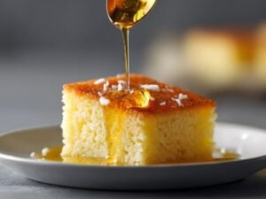 Whole Lavender Honey Cake sliced to show moist, fluffy layers with a golden glaze